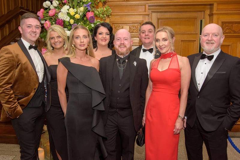The Mayor Councillor Patricia Logue hosted the annual Mayor’s Ball in the Guildhall in aid of her crossed Charities the Foyle Hospice and Ryan McBride Foundation. Pictured at the event are guests, Councillor Paul Boggs, Councillor Caitlin Deeney, Emma McGinley, Emmet Harkin, Councillor Alex Duffy, Bronagh Wade, Dawn Gallagher, Councillor Barney Harte Picture Martin McKeown. 24.05.24