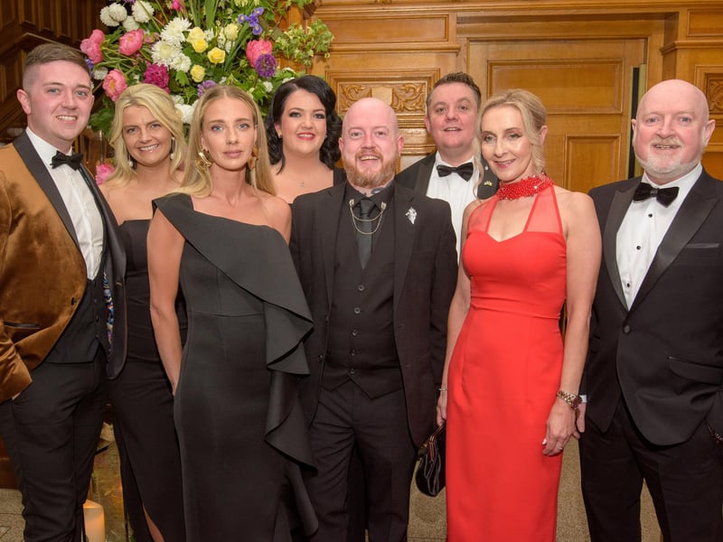 The Mayor Councillor Patricia Logue hosted the annual Mayor’s Ball in the Guildhall in aid of her crossed Charities the Foyle Hospice and Ryan McBride Foundation. Pictured at the event are guests, Councillor Paul Boggs, Councillor Caitlin Deeney, Emma McGinley, Emmet Harkin, Councillor Alex Duffy, Bronagh Wade, Dawn Gallagher, Councillor Barney Harte  Picture Martin McKeown. 24.05.24