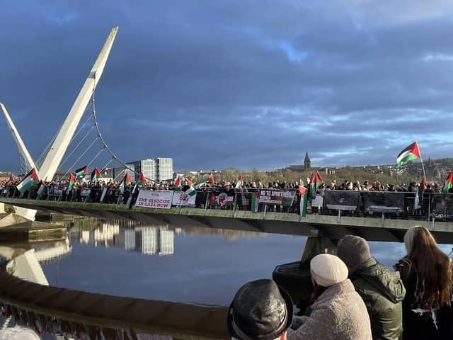 The Peace Bridge was draped with Palestinian banners and flags during the protest on New Year's Eve.