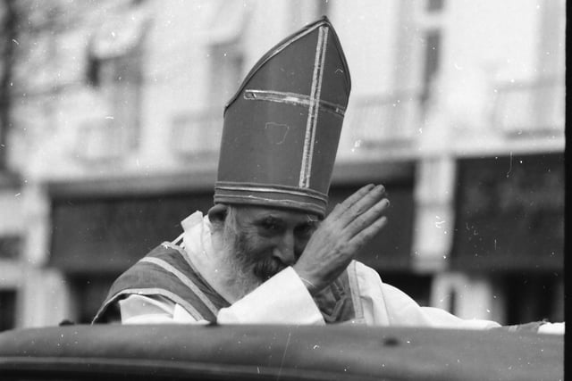 St. Patrick blesses the crowd at the St. Patrick's Day parade in Buncrana in 1998.