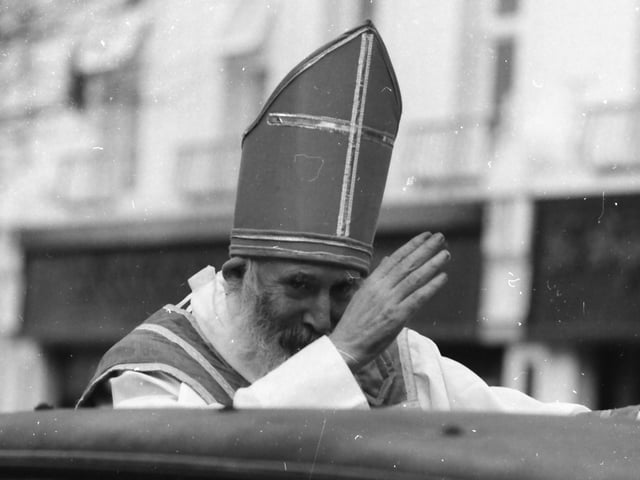 St. Patrick blesses the crowd at the St. Patrick's Day parade in Buncrana in 1998.