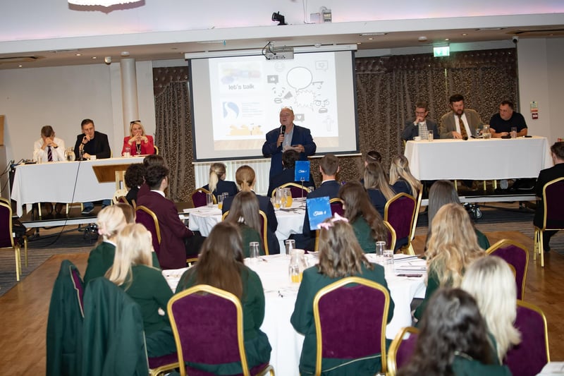 Paul McFadden chairing Friday morning's DCSDC's Good Relations team's 'Let's Talk' event at the Waterfoot Hotel where seven local schools participated. (Photos: Jim McCafferty Photography)
