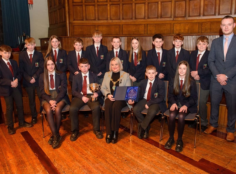 The Mayor Councillor Sandra Duffy welcomed pupils from Lisneal College to the Guildhall as she recognised the hugely successful cricket teams who claimed four trophies last season including the, Under 12 Wesley Ferris Cup winning team and coach Craig Peters. Picture Martin McKeown. 26.01.23:.