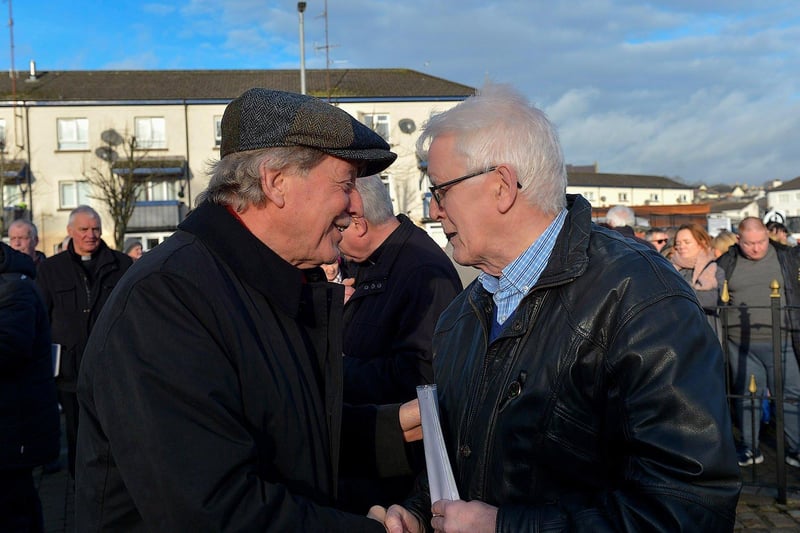 John Kelly. Bloody Sunday Trust, greets the Rev Dr David Latimer at the Annual Bloody Sunday Remembrance Service held at the monument in Rossville Street on Sunday morning. Photo: George Sweeney. DER2306GS – 8