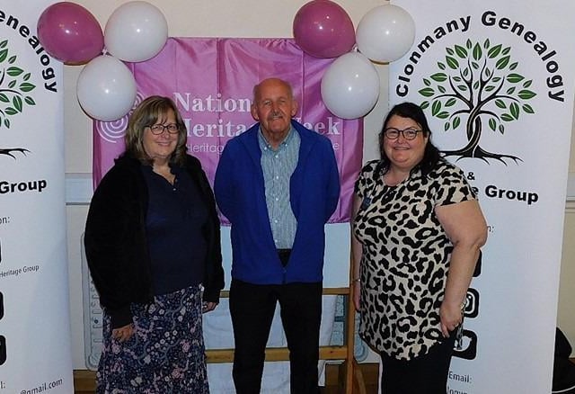 Clonmany Genealogy & Heritage Group Chairperson, Marie Doherty, on right, welcomes guest speakers, Eva Doherty Gremmert and Dessie McCallion, to the event.