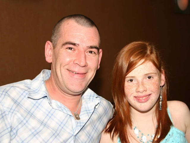 Sinead Meenan pictured with dad Dipperat herConfirmation party in Quay West 5068dd : Parties and celebrations in April 2005: Sinead Meenan.