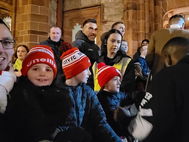 Derry City players' huge welcome home to the Guildhall Square after their FAI Cup Final win.
