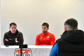 Will Patching and Derry City boss Ruaidhri Higgins pictured at the pre-match press conference at Brandywell this week. Photograph by Kevin Morrison.
