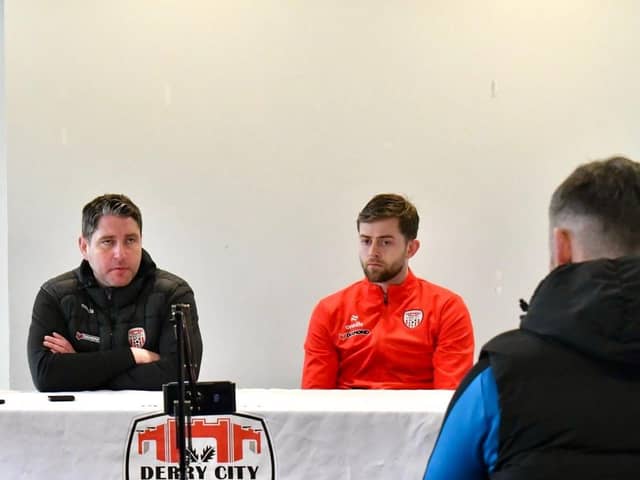 Will Patching and Derry City boss Ruaidhri Higgins pictured at the pre-match press conference at Brandywell this week. Photograph by Kevin Morrison.