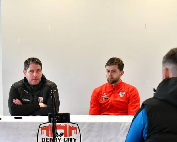 Will Patching and Derry City boss Ruaidhri Higgins pictured at the pre-match press conference at Brandywell this week. Photograph by Kevin Morrison.