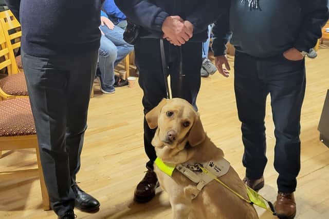 Mr Ian Matthews and his guide dog Mac along with Mr Gary Wilson from Guide Dogs NI and Mr Joe Barber as they attended a recent meeting of the Eglinton Classic Car Club.