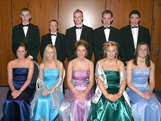 From left (seated), Amanda Nicholl, Stacey Holmes, Gemma Devine, Ruth McGonigle and Kristel Brown.  Back row, Damien Olphert, Johnny Moore, Peter Abbott, Sean McGarrigle, and Sanjoy Deepe. (0402T08).