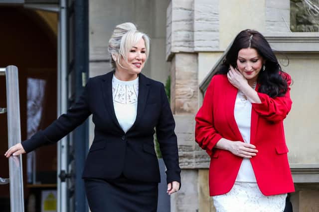 First Minister, Sinn Fein's Michelle O'Neill and Deputy First Minister Emma Little-Pengelly will be in Derry on Thursday for the launch of the YES festival. (Photo by PAUL FAITH / AFP) (Photo by PAUL FAITH/AFP via Getty Images)