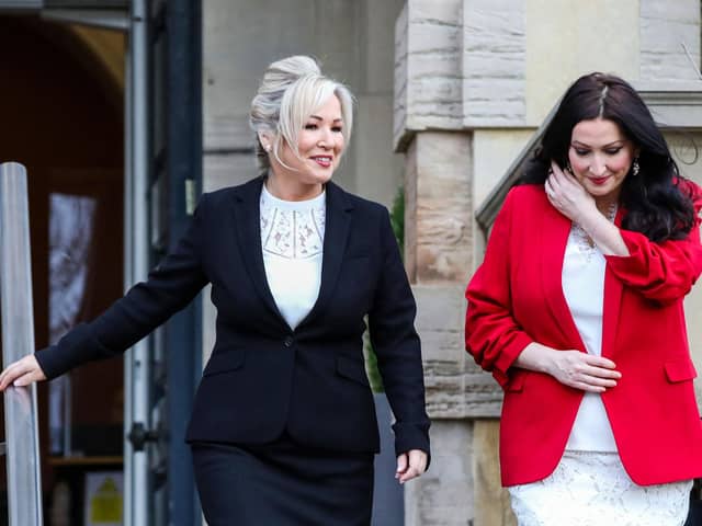 First Minister, Sinn Fein's Michelle O'Neill and Deputy First Minister Emma Little-Pengelly will be in Derry on Thursday for the launch of the YES festival. (Photo by PAUL FAITH / AFP) (Photo by PAUL FAITH/AFP via Getty Images)