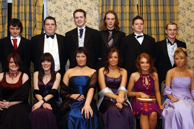 Front, from left, are Naomi Jordan, Lisa Gallagher, Emma Masterton, Rachel Crawley, Orla Ferry and Susanna Clarke. Back, from left, are Emmett Kelly, Michael Deery, Emmett Timoney, Gareth Greer, Sean Coyle and Jonathan Daly. (1611C11) : Students and their guests pictured at the St Columb's College formal back in November 2004.
