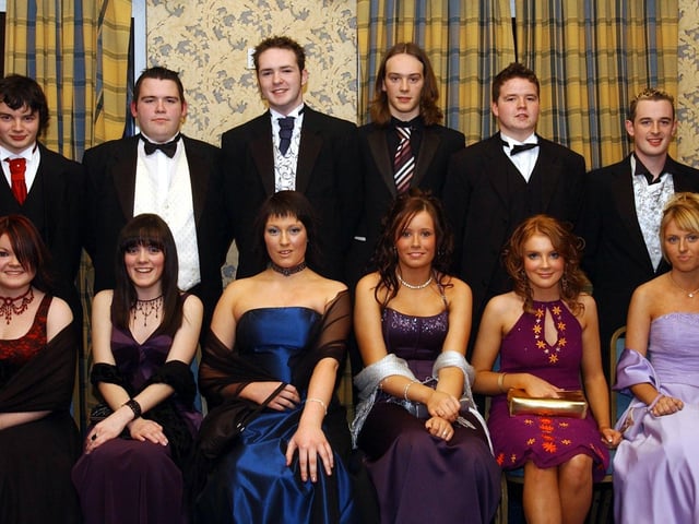 Front, from left, are Naomi Jordan, Lisa Gallagher, Emma Masterton, Rachel Crawley, Orla Ferry and Susanna Clarke. Back, from left, are Emmett Kelly, Michael Deery, Emmett Timoney, Gareth Greer, Sean Coyle and Jonathan Daly. (1611C11) : Students and their guests pictured at the St Columb's College formal back in November 2004.