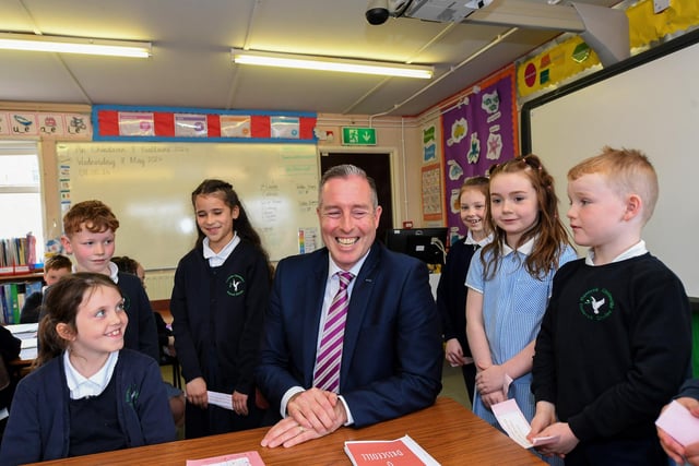Education Minister Paul Givan pictured in the Rang 4 during his visit to the  Naíscoil Dhoire and Bunscoil Cholmcille, Steelstown, on Wednesday morning. Photo: George Sweeney