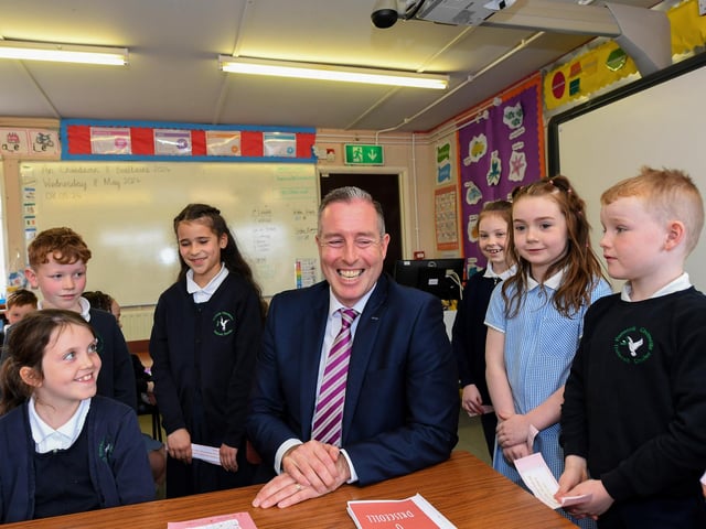 Education Minister Paul Givan pictured in the Rang 4 during his visit to the Naíscoil Dhoire and Bunscoil Cholmcille, Steelstown, on Wednesday morning. Photo: George Sweeney