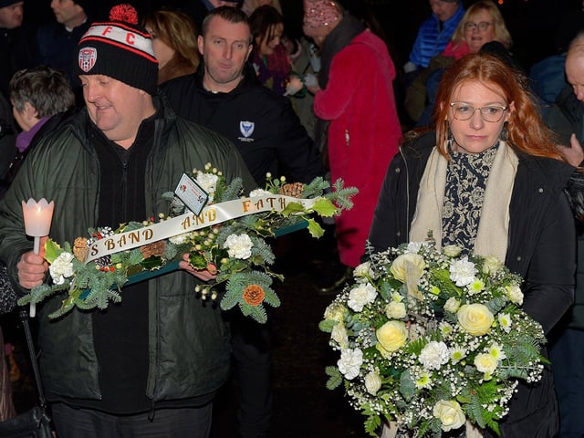 Relatives gather at Strabane Old Road on Tuesday evening for a wreath laying event marking the 50th Anniversary of the Annie’s Bar massacre. Photo: George Sweeney. DER2251GS – 14