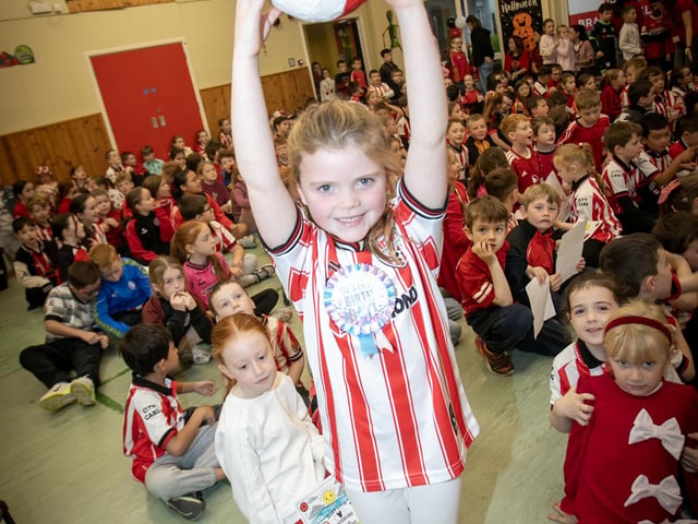 Hollybush pupil Maebh O'Donnell proudly supporting Derry City on Friday. (Photos: Jim McCafferty Photography)