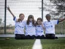 SHARED FUTURE. . . .Enjoying the sporting activities at the Waterside Shared Village pitches on Thursday afternoon during the DCSDC's 'Games of Three Halves - Small Ball' event, are Anna Brown, Sophia D'Hulst, Evie Hughes and Danielle Ojenolin. (Photos: Jim McCafferty Photography)