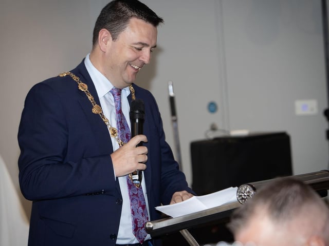 The Mayor of Derry City and Strabane District Council, Ruairi McHugh, addressing the attendance at Saturday night's anniversary celebrations. : .
