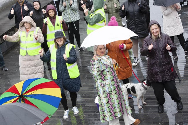 The Mayor, Sandra Duffy taking part in the warm-up at Ebrington Square on Saturday.