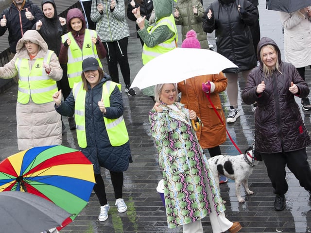 The Mayor, Sandra Duffy taking part in the warm-up at Ebrington Square on Saturday.