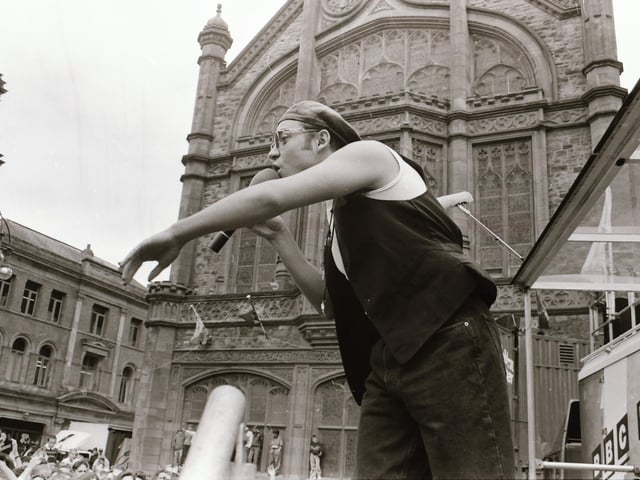 An artist performing at the BBC Radio 1 roadshow in 1993