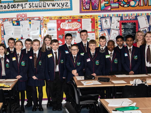 One of the Year 8 classes pictured at Oakgrove Integrated College on Monday. : Oakgrove Integrated College welcomes latest influx of Year 8 pupils