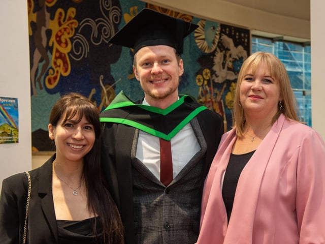 Shane Walters pictured at NWRC's Higher Education and Access Graduation ceremony at the Millennium Forum with sister Nicole and partner Jacqueline Sanchez. (Pic Martin McKeown)