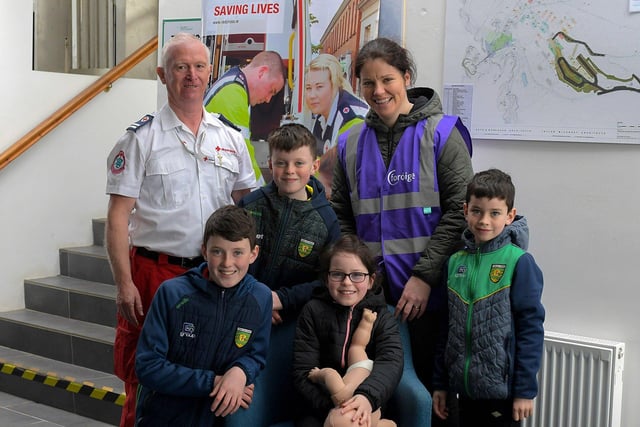Patrick Doherty, James, Ciara, Róisin, Patrick and Matthew Baldrick pictured at the Irish Red Cross’s infant choking first aid demonstration during the Emergency Services Showcase held at Fort Dunree, Inishowen, on Sunday. Photo: George Sweeney