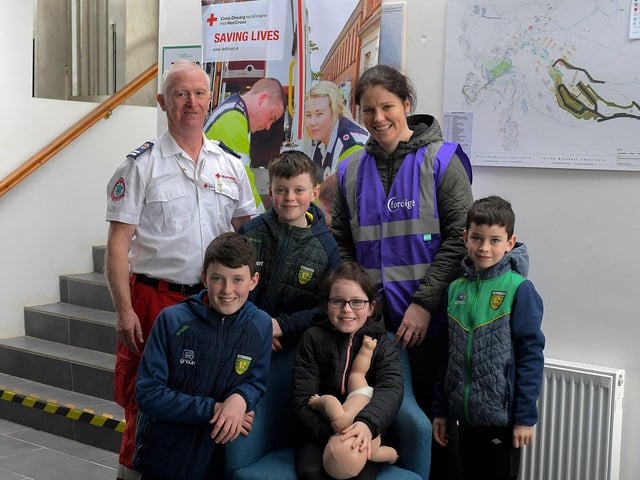 Patrick Doherty, James, Ciara, Róisin, Patrick and Matthew Baldrick pictured at the Irish Red Cross’s infant choking first aid demonstration during the Emergency Services Showcase held at Fort Dunree, Inishowen, on Sunday. Photo: George Sweeney
