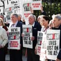 Protestors representing the A5 Enough is Enough campaign outside Belfast High Court in April. Photo by Kelvin Boyes / Press Eye
