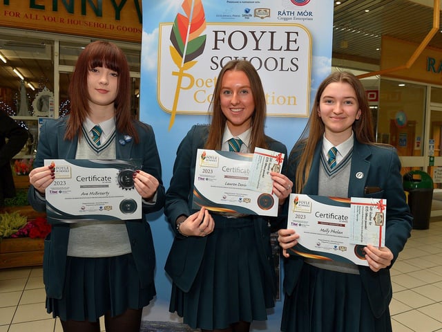 Thornhill College student, Ava McBrearty was awarded Second Place in the Post 16 My Community category in the inaugural Foyle Schools Poetry Competition while schools colleagues Lauren Devine and Molly Phelan were awarded Joint Third Place . Photo: George Sweeney. DER2313GS – 45