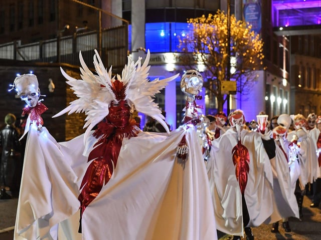 Derry’s ‘City of the Bones’ Halloween carnival parade makes its way along Strand Road on Friday evening. Photo: George Sweeney