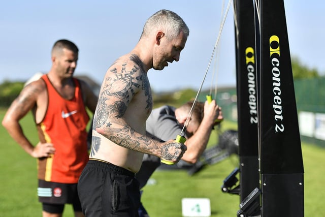 Competitors take part in the ski erg station at Aodhán’s Hyrox, in aid of Foyle Search and Rescue, at Na Magha on Sunday. Photo: George Sweeney