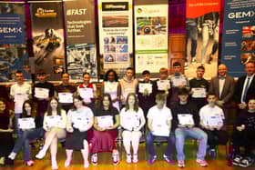 GEMX CLASS OF 2025. . . .Graduates from various schools throughout the city pictured at the GEMX MakeME Graduations 2025 in the Guildhall, Derry on Tuesday evening. Included in photo is the Mayor, Lilian Seenoi-Barr, Joanne Sweeney, Project Director, GEMX, Niall Casey, Invest NI, Gavin Killeen, Managing Director, Nuprint, Stephen Kelly, Manufacturing NI and Jennifer Smyth, keynote speaker. (Photo: Jim McCafferty Photography)