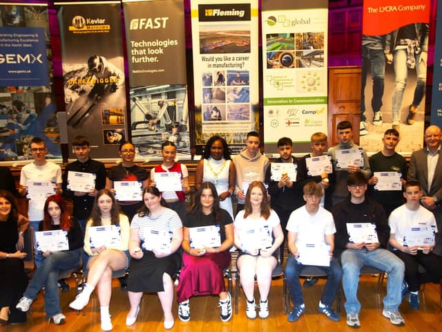 GEMX CLASS OF 2025. . . .Graduates from various schools throughout the city pictured at the GEMX MakeME Graduations 2025 in the Guildhall, Derry on Tuesday evening. Included in photo is the Mayor, Lilian Seenoi-Barr, Joanne Sweeney, Project Director, GEMX, Niall Casey, Invest NI, Gavin Killeen, Managing Director, Nuprint, Stephen Kelly, Manufacturing NI and Jennifer Smyth, keynote speaker. (Photo: Jim McCafferty Photography)