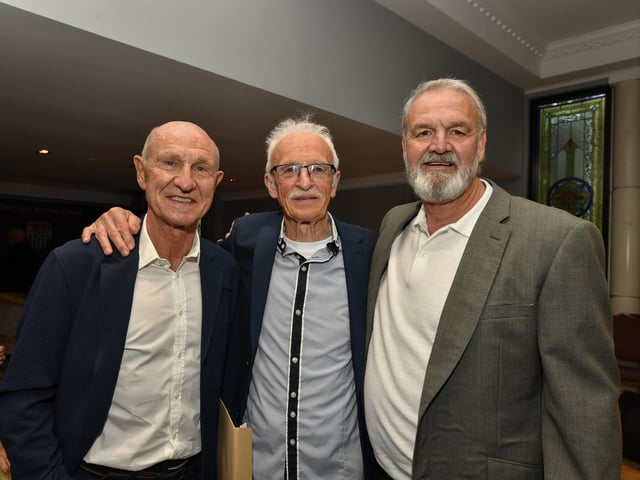 Dennis Tueart, Tony O’Doherty and Barry McCreadie at the Derry City FC celebration of 40 years in the League of Ireland held in the Everglades on Saturday evening. Photo: George Sweeney