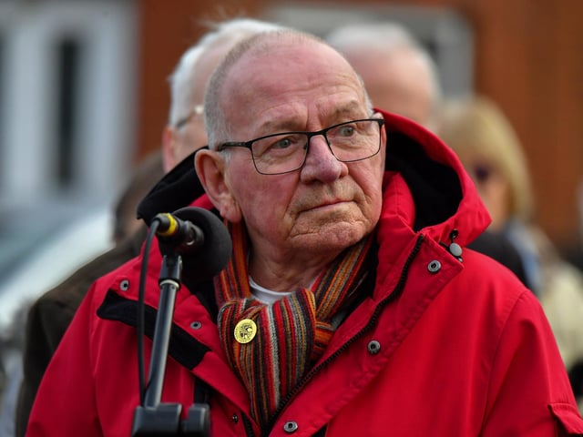 Cathal McElhinney, relative of Kevin McElhinney, read the names of those murdered at the Bloody Sunday at the annual remembrance service, on Sunday morning. Photo: George Sweeney