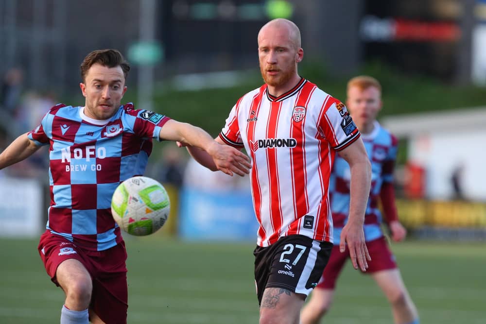 Derry City goalscorer Liam Boyce and Drogheda United's Darragh Markey before the Belfast man got sent off in the second half.