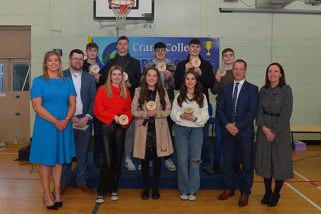 Students who received a H1 in Leaving Certificate awards, pictured at the annual Crana College Prize Giving on Friday afternoon last with Ms Clare Bradley (BOM), on the left, Mr Dean Harron, guest speaker, Mr Kevin Cooley principal and Ms Sinead Anderson deputy principal. Photo: George Sweeney DER2246GS - 98