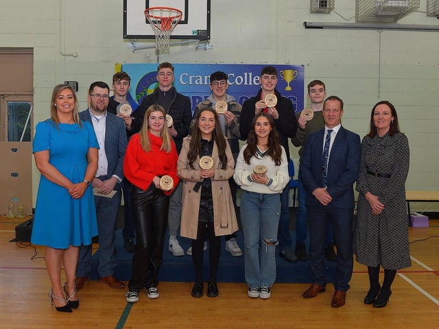 Students who received a H1 in Leaving Certificate awards, pictured at the annual Crana College Prize Giving on Friday afternoon last with Ms Clare Bradley (BOM), on the left, Mr Dean Harron, guest speaker, Mr Kevin Cooley principal and Ms Sinead Anderson deputy principal. Photo: George Sweeney DER2246GS - 98
