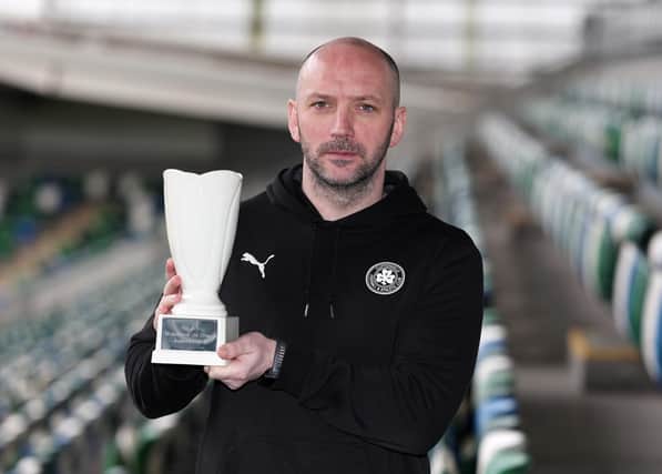 Northern Ireland Football Writers’ manager of the month Cliftonville’s Paddy McLaughlin, with his Reavey Solicitors award. Picture by Jonathan Porter/PressEye