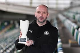 Northern Ireland Football Writers’ manager of the month Cliftonville’s Paddy McLaughlin, with his Reavey Solicitors award. Picture by Jonathan Porter/PressEye