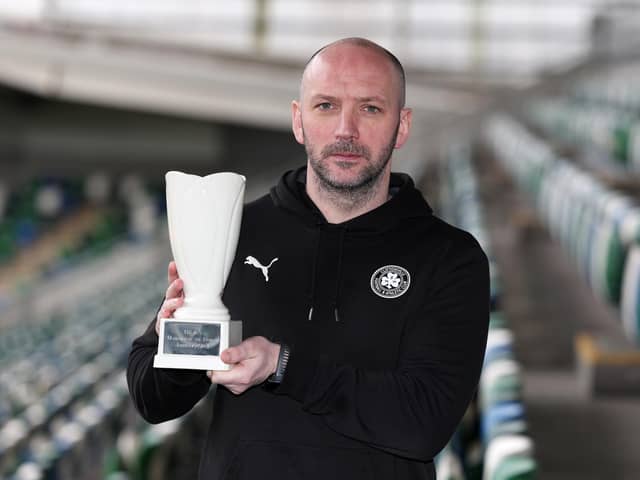 Northern Ireland Football Writers’ manager of the month Cliftonville’s Paddy McLaughlin, with his Reavey Solicitors award. Picture by Jonathan Porter/PressEye