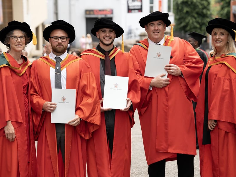 Professor Alison Gallagher, Head of the Doctoral College; Dr Gary McDermott, Faculty of Life and Health Sciences; Dr Ruairidh Harrigan, Faculty of Life and Health Sciences; Dr Brian Crossan, School of Arts and Humanities; Professor Sonja McIlfatrick, Dean of the Ulster University Doctoral College at the Ulster University graduations in Derry on Monday  July 8.  (Photo: Nigel McDowell / Ulster University)