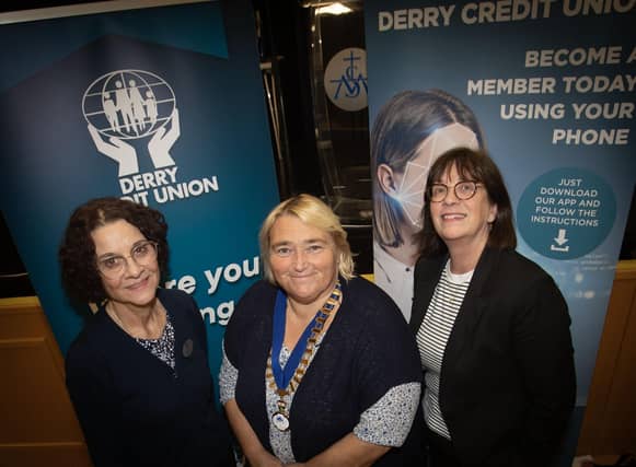 Retiring Education and Training Officer Mary Crumley and Chief Executive Officer Joan Gallagher, who both retire this month with over 50 years of service between them, pictured with Delma Boggs, President, DCU, at Monday's Derry Credit Union AGM in St. Mary's College.