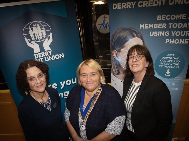 Retiring Education and Training Officer Mary Crumley and Chief Executive Officer Joan Gallagher, who both retire this month with over 50 years of service between them, pictured with Delma Boggs, President, DCU, at Monday's Derry Credit Union AGM in St. Mary's College.